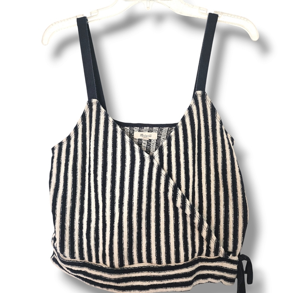 Madewell blue striped knit wrap front crop top L
